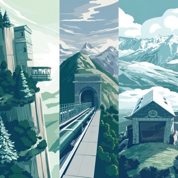 Triptych art train and cable-car stations amidst scenic landscapes of mountains and verdant trees