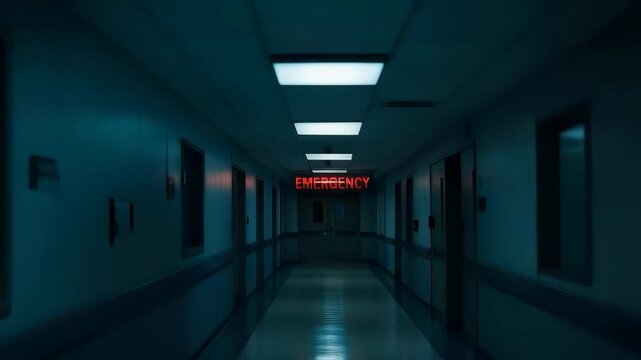 Emergency Room at Night: An unsettling perspective of an empty emergency room hallway at night, its dim lighting casting eerie shadows, creating a sense of urgency.