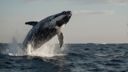 Obraz premium Humpback Whale Breaching Ocean Surface Majestic Marine Mammal.