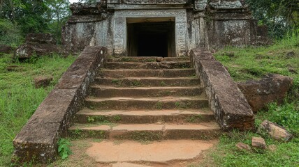 Fototapeta premium Ancient Temple Entrance Surrounded by Overgrown Nature and Hand-Carved Stone Details
