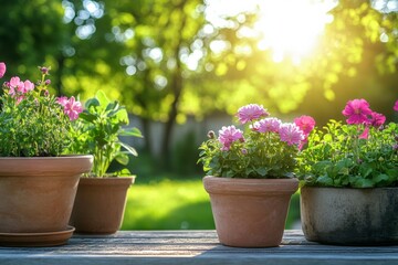 Sunny garden scene with flowerpots filled with blooms during spring or summer in a vibrant green setting