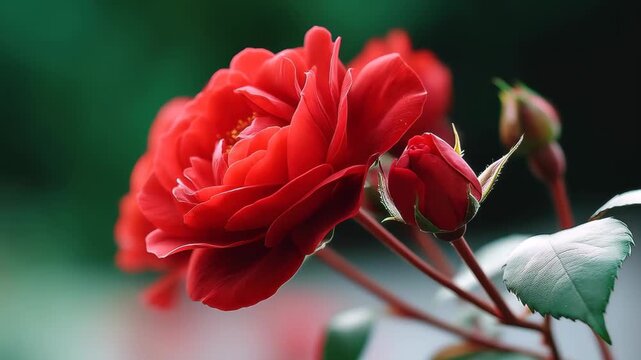 Crimson Rose's Delicate Beauty: A captivating close-up captures the radiant elegance of a blooming crimson rose, its velvety petals unfurling in a display of natural beauty.