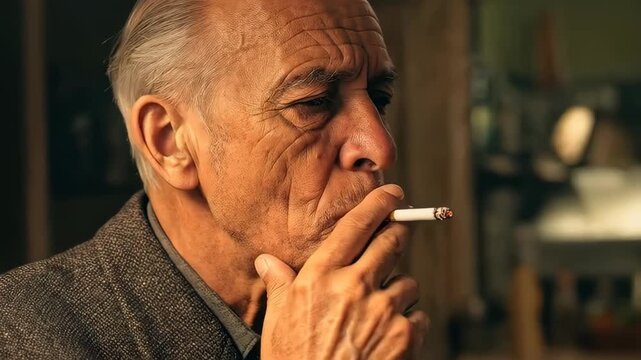 Intense Reflection: An older man takes a contemplative moment, cigarette in hand, lost in thought. His weathered face and intense gaze speak volumes. 