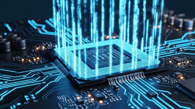High-Speed Data Transfer. Close-up of a glowing CPU on a motherboard visualizing digital information flow. Perfect for IT and future tech ads. Vertical. Video. Portrait Orientation.
