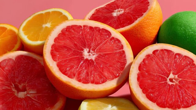 Citrus Symphony: An artful arrangement of vibrant, freshly sliced citrus fruits in a bright display, highlighting the variety of textures and colors, emphasizing the zest and refreshing essence.
