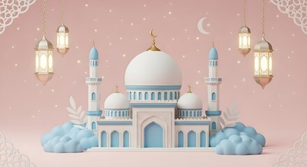 3D illustration of a miniature mosque featuring luminous Fanoos lanterns, stars, and clouds. Perfect for Ramadan Kareem, Eid Mubarak cards, banners, or product displays.