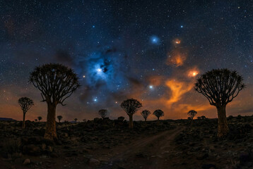 A mesmerizing night sky over desert trees