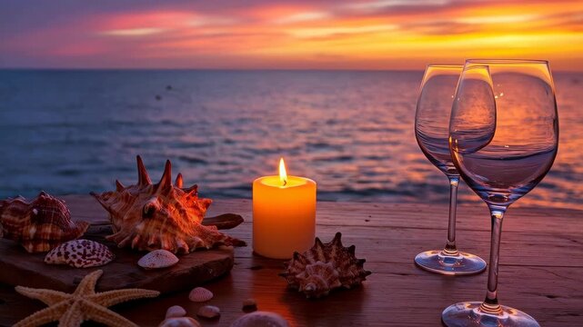 Sunset Serenade: A romantic scene unfolds at dusk as the sun dips below the horizon, with wine glasses and candlelit ambiance creating a serene atmosphere by the sea, shell, starfish.