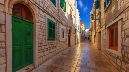 Fototapeta premium Classic European Alley with Rustic Stone Buildings and Green Doors Under a Clear Blue Sky