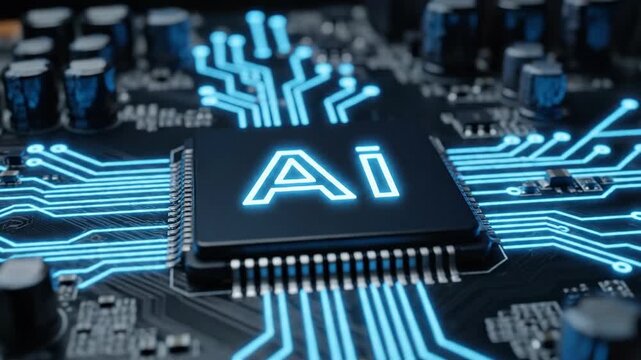 Future of Computing. Glowing AI processor on dark motherboard, perfect for technology presentations or digital concepts Vertical. Video. Portrait Orientation.