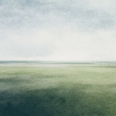 A hazy landscape featuring a muted color palette of green, blue, and gray