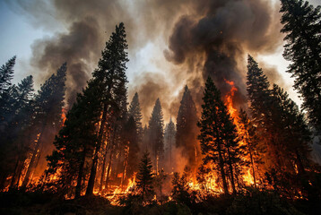 A forest fire raging in a dense woodland area, with flames engulfing the trees and thick smoke billowing into the sky