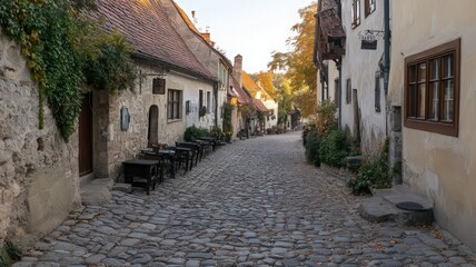 Classic Town Square with Cobblestone Paths and Historic Buildings Surrounded by Autumn Foliage