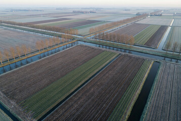 An aerial view of the farmland featuring parallel fields with varying shades of green