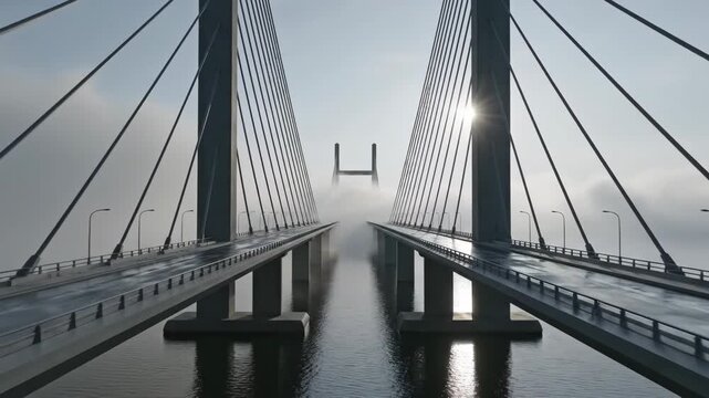 Majestic cable-stayed bridge emerges from dense morning fog, with sunlight subtly piercing through the atmospheric mist, creating a serene and expansive view of modern engineering