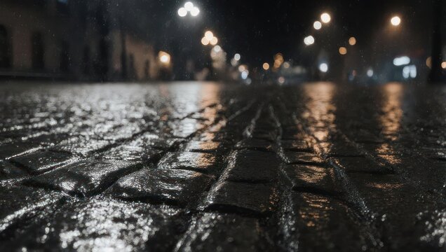 Rainy Night Street Scene at Night.