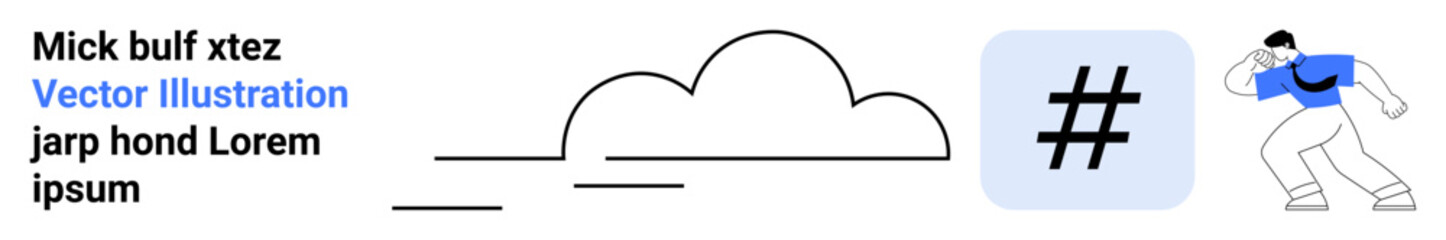 Fototapeta premium Cloud icon, metadata tag symbol, and a person leaning forward with curiosity highlighting digital networking, social media interaction, data sharing, exploration, creativity, branding, simple landing