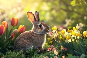 Rabbit sits in spring garden with daffodils and tulips under soft sunlight during a warm afternoon