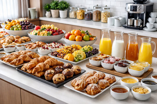 Large breakfast buffet featuring an array of fresh fruit, pastries, muffins, juices, and various condiments. Hotel or resort morning meal display