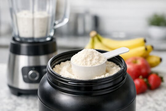 Protein powder in black container with scoop, blender, and fresh fruit on kitchen counter. Healthy nutrition and fitness supplement concept