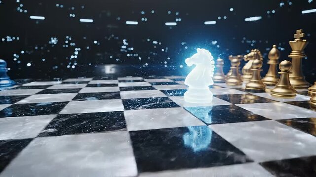 Glowing chess knight is positioned on chessboard facing opposing pieces symbolizing strategy leadership and competitive advantage. Business strategy concept