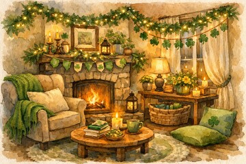 Naklejka premium Cozy st patricks day living room with fireplace and decorations for festive spring celebration. concept of warm ambiance, holiday decor, relaxing atmosphere