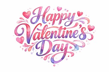 Obraz premium Watercolor happy valentine's day lettering with heart illustrations in pink and purple for romantic celebration. concept of love, festive greeting, romantic decor