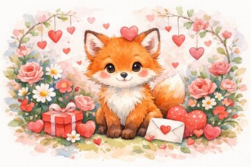 Fototapeta premium Watercolor illustration of a cute fox surrounded by hearts, roses, daisies, and gifts for valentine's day concept of love, affection, celebration, heartfelt gesture, watercolor