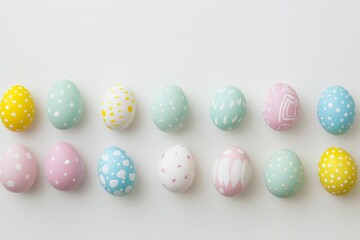 Obraz premium Celebration of springtime with a row of painted Easter eggs on a white surface showcasing colorful designs and patterns