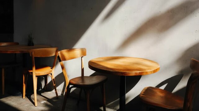photo of simple caf&eacute; seating area with round wooden table, natural shadows and clean composition