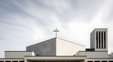 Fototapeta premium Modern Christian Church Building With Cross and Clear Sky