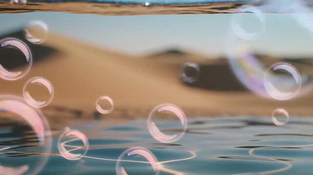 Ethereal bubbles float on water s surface reflecting a blurred desert landscape creating a dreamy and surreal abstract image perfect for wellness travel or mindful design projects