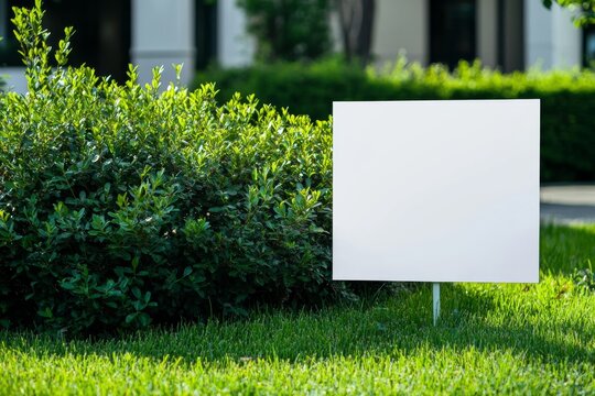 Yard sign mockup placed in green grass near bushes for outdoor display and promotion