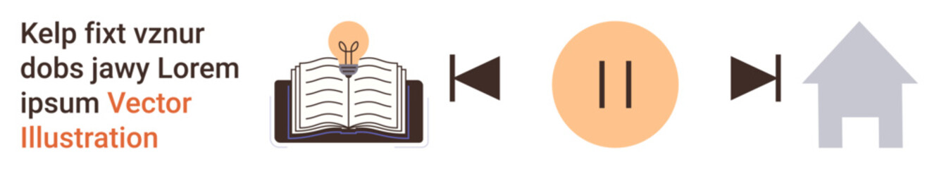 Education, creativity, time management, home learning, remote work, technology. Open book with light bulb idea, pause button house graphic. Education and creativity © robu_s