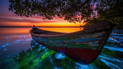 Fototapeta premium Ancient canoe adrift on bioluminescent waters at breathtaking sunset