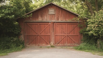 Naklejka premium Rustic Barn Entrance with Double Wooden Doors Surrounded by Lush Greenery in a Peaceful Setting