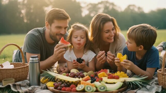 Family picnic outdoors with father and mother feeding son and child fresh fruit platter, parents and children laughing and smiling during sunny picnic