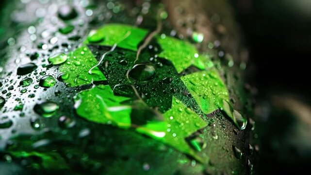 Macro close up of green recycling symbol with fresh water droplets and condensation on wet surface