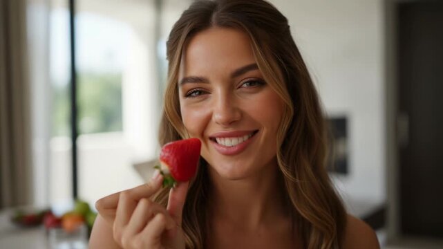 Young female person playfully licking strawberry bright kitchen, sensual fruit snack moment with smiling woman eating strawberry close up