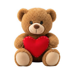 Fototapeta premium Adorable brown teddy bear holding a red heart isolated on transparent background