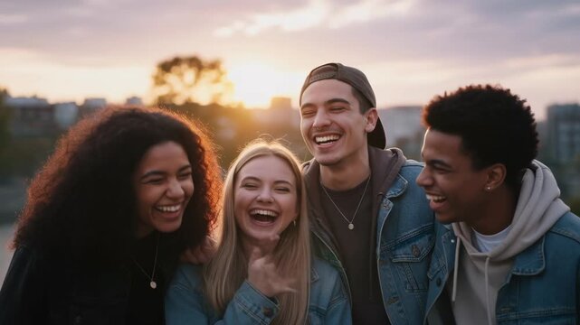 Young friends rooftop sunset laughter smiling multicultural group joy sharing joyful moment diverse teens casual denim jackets enjoying warm