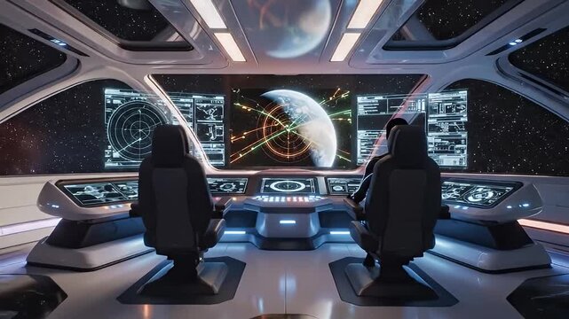 A futuristic control room with a person standing in front of a large screen video