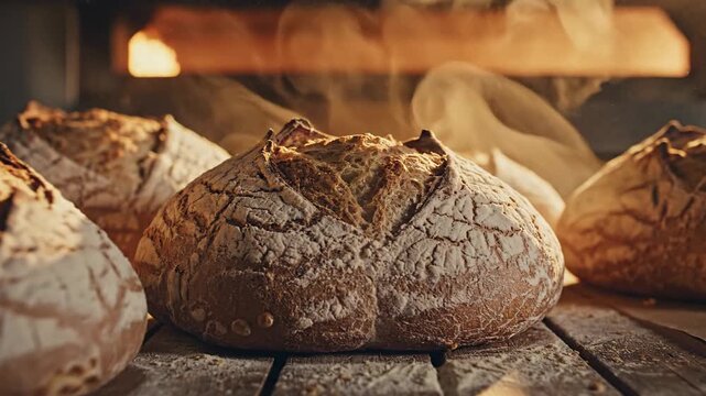 Freshly baked crusty sourdough loaves cooling on a rustic wooden tray, radiating warmth and artisan craftsmanship.