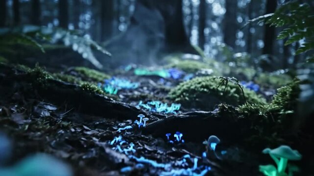 Enchanting Bioluminescent Mushrooms Glow in a Mystical Forest at Night
