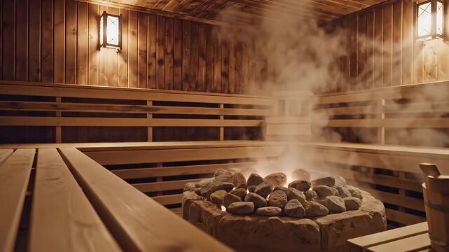 A serene video of a traditional sauna with steam rising from hot stones