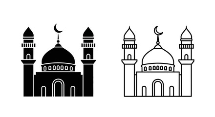 Obraz premium Detailed mosque with crescent moon and minarets. Islamic faith black and white architecture icon.