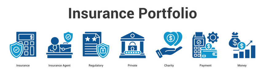 Fototapeta premium Insurance Portfolio web banner icon set vector illustration concept for business with icon of Insurance, Insurance Agent, Regulatory, Private, Chari.