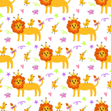 Seamless pattern with cute lion, birds and butterflies on white background. Simple lion design in flat style for kids textiles, wrapping paper and wallpaper. Bright and playful lion pattern.