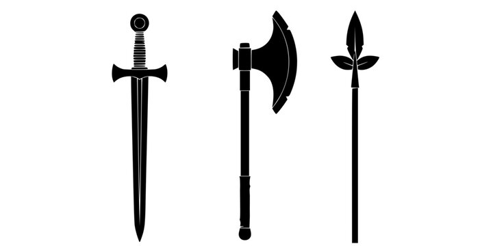 Medieval Fantasy Melee Weapon Silhouette Vector Icon Set featuring Sword Axe and Spear
