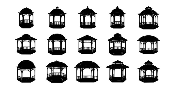 Garden Gazebo and Park Pavilion Silhouette Vector Icon Set
